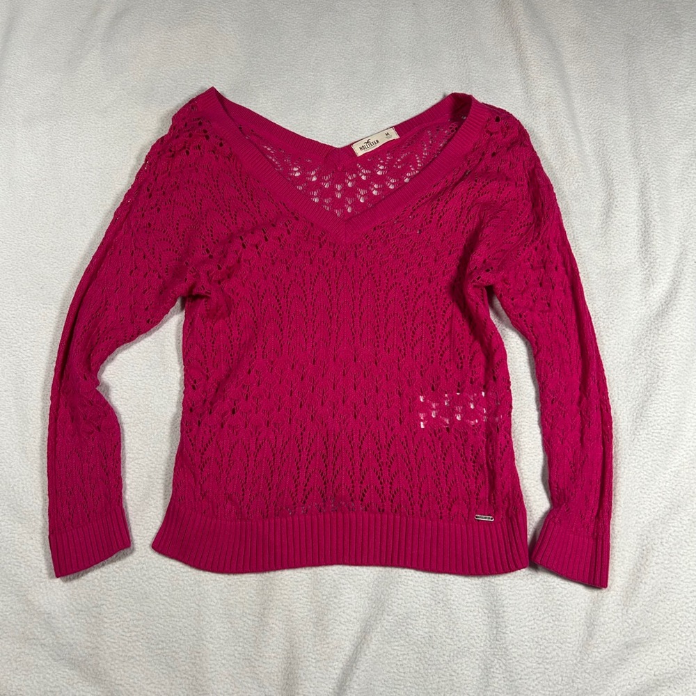 Hollister Women Hot Pink Pointelle V-Neck Open Knit Chevron Sweater Medium Lace - Picture 1 of 7